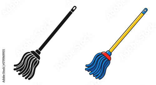 Two mops depicted in contrasting styles outline and full color versions