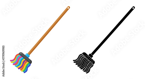 Colorful and monochrome string mops isolated on a white background