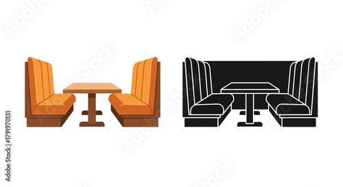 Restaurant booth seating arrangements in color and monochromatic styles presented