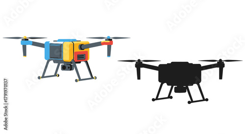 Colorful drone illustration with a silhouetted version showcasing aerial technology