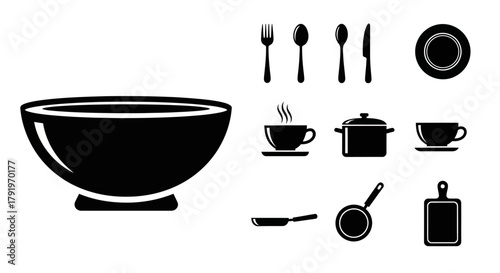 Black and white illustration of various kitchenware and dining elements