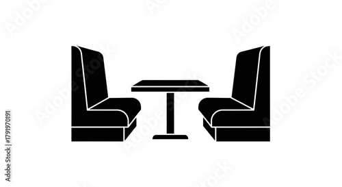 Simple black and white illustration of a diner booth and small table setup