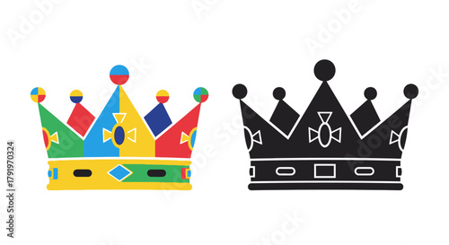 Colorful harlequin crown and its black silhouette illustration royalty and festivity