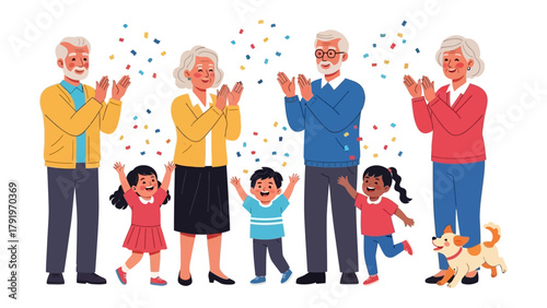 Family Celebration: A multigenerational family, full of glee, celebrates with confetti and applause. Capturing the essence of togetherness and the spirit of joyful moments.