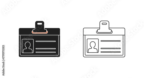 Two identification badges one filled and one outlined displaying a portrait