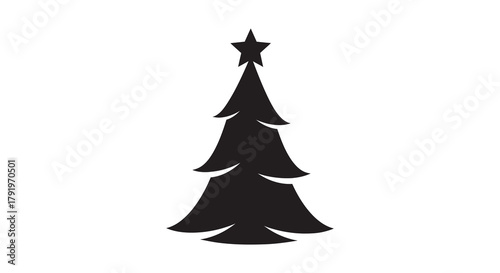 Simple silhouette of a traditional christmas tree with a star on top isolated on a white background