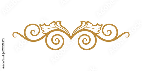 Elegant golden ornamental flourish with decorative leaves and swirled lines on a white background
