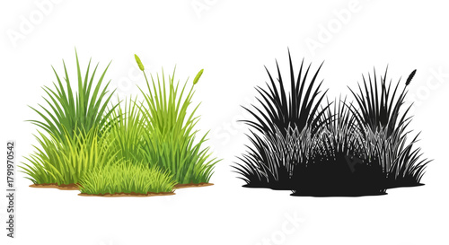 Side by side comparison of green and black silhouette grass illustrations