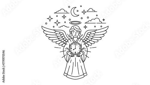 Angel of Time: A serene angel, wings unfurled, cradles a clock within its hands, representing the passage of time. A halo, stars, moon and clouds are on the image.