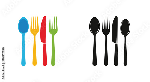 Colorful and monochrome cutlery set illustration displaying spoons forks and knives