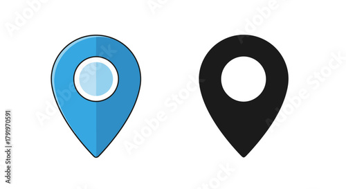Two map markers a vibrant blue version and a solid black silhouette