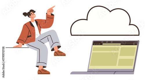 Individual pointing at cloud graphic above a laptop screen, emphasizing cloud computing, innovation, digital storage. Ideal for technology, teamwork, creativity, learning, cloud services education