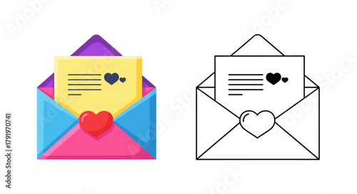 Colorful and monochrome illustrations of open envelopes with letters and hearts