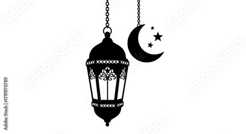 Elegant black silhouette of a hanging lantern with crescent moon and stars