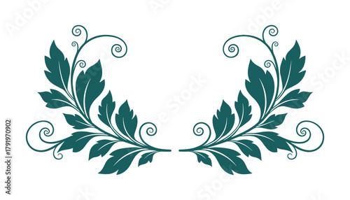 Elegant teal floral laurel wreath. Symmetrical decorative element with detailed leaves and swirls