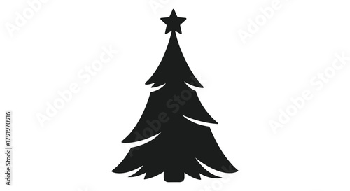 Simple black silhouette of a decorated christmas tree with a star on top against a white background