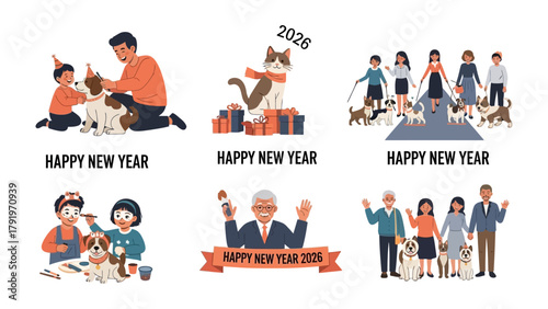 Happy New Year Compilation : A heartwarming collection of illustrations, each capturing the essence of the season with themes of family, pets, and celebration.