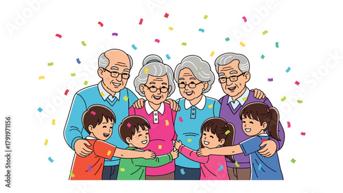 Family Celebration: A multigenerational family, full of love and laughter, celebrates a special moment showered with colorful confetti, expressing togetherness.