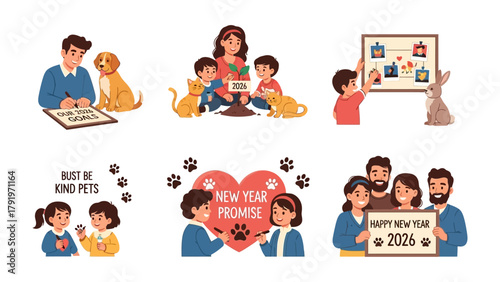 Family of Pets and New Year Promise: A heartwarming depiction of familial connection, featuring images of families and pets uniting in celebration and reflection of the New Year.