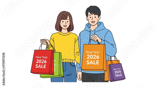 New Year Shopping Spree: A cheerful couple, bags laden with New Year 2026 SALE finds, embodies the excitement and anticipation of the season.