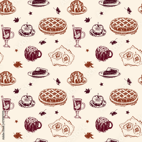 Seamless monochrome vector pattern with autumn desserts, baked fruits, pastries, and warm drinks. Ideal for autumn textiles, product packaging, prints, and seasonal decorations