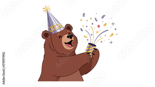 Festive Bear Celebrating: A cheerful bear, adorned with a party hat, bursts forth with confetti. Radiating joy and merriment. 