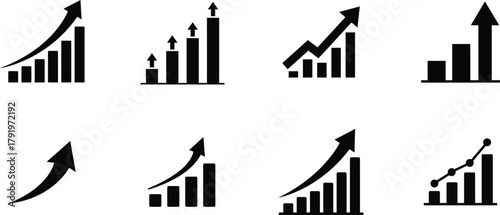 Collection of eight diverse black bar graph icons showing upward trends and growth isolated on transparent background