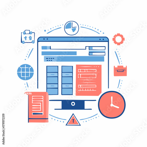 Modern flat line vector illustration concept of a digital business dashboard for project management, data analytics, and financial tracking