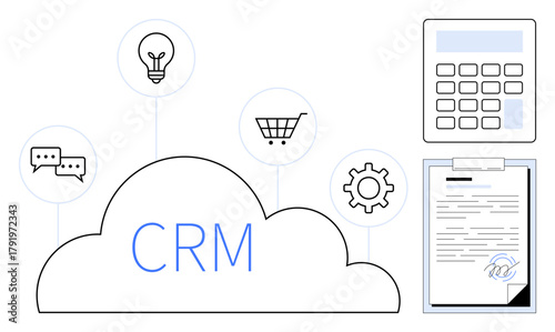 CRM cloud with icons for communication, ideas, shopping cart, gear, calculator, document. Ideal for business tools, productivity customer relations innovation data strategy organization. Simple