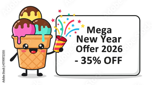 Mega New Year Offer: A playful animated ice cream cone character joyfully unveils a sign promoting a Mega New Year Offer with a tempting -35% discount, celebrating the beginning of 2026.