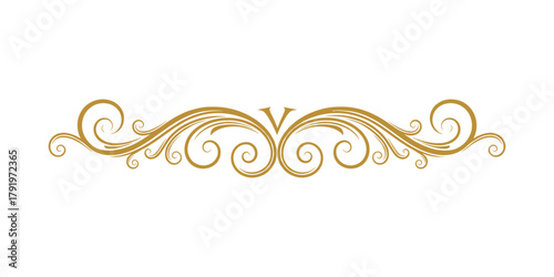 Gold decorative flourish with initial letter V; elegant frame ornament.
