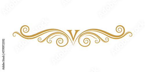 Gold ornamental elegant letter v design element with swirls and flourishes, decorative style.