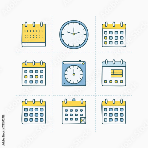 Collection of calendar and clock icons representing time management, scheduling, and deadlines