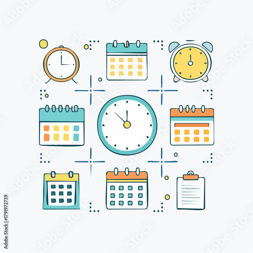 Vector set of time management and scheduling icons. Includes clocks, calendars, and a clipboard, illustrating planning, deadlines, and organization