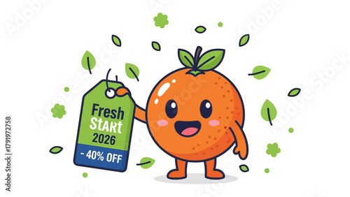 Orange Offering a Fresh Start: A cheerful orange character, embracing a Fresh Start 2026 label with a delightful smile. A symbol of vitality, new beginnings, and vibrant living.