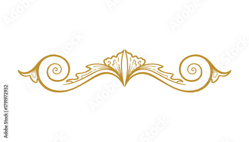 Golden filigree flourish ornament isolated on white background. Elegant scroll decor for invitation or menu.