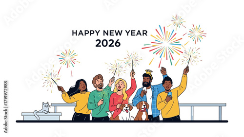 Joyful New Year Celebration: A vibrant group of friends and their furry companions light sparklers under the fireworks, heralding the arrival of a New Year, 2026.