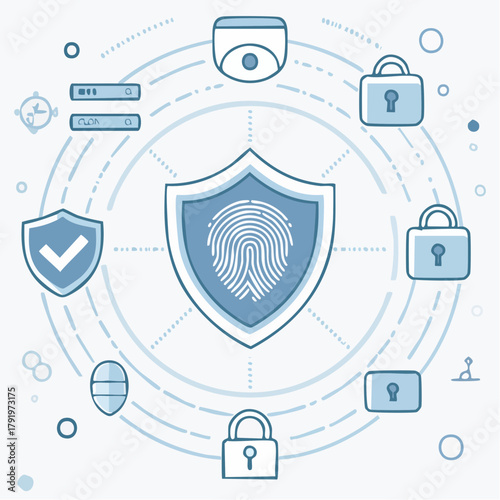 Illustration representing online security, privacy, and data protection with a central fingerprint shield surrounded by technology icons