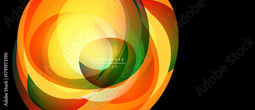 Dynamic abstract design. Vibrant layers create swirling, circular motion. Warm colors dominate, evoking energy, fluidity. Modern graphic element.