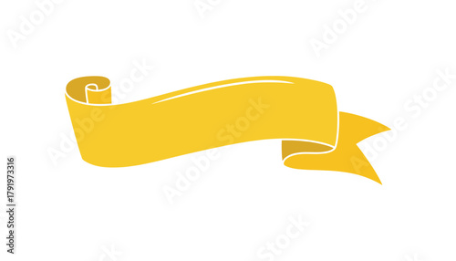 Golden ribbon banner with glossy sheen. Curved scroll design, decorative element for text or promotion.