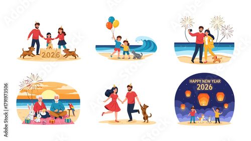 Photography New Year's Celebrations with Family: A colorful depiction of families enjoying different New Year celebrations, set on various settings, showcasing the joy and togetherness of the holiday