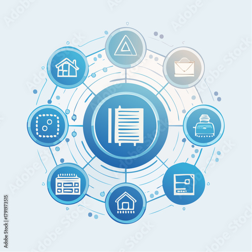 Digital network hub connecting various services and everyday essentials, illustrating integrated online solutions for modern living and efficient management