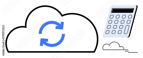 Cloud-shaped outline with blue synchronization arrows alongside a calculator for finance, computing, and data sharing. Ideal for technology, cloud storage, accounting, automation, finance, data