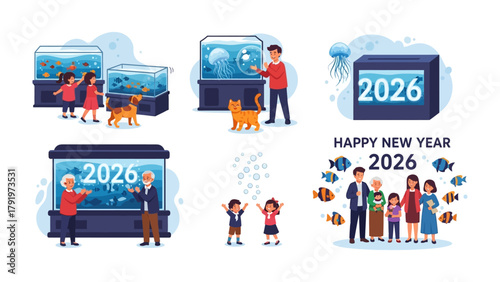 New Year Family with aquarium: A heartwarming illustration captures a family's joyous celebration of the New Year 2026, gathered around an aquarium teeming with marine life.