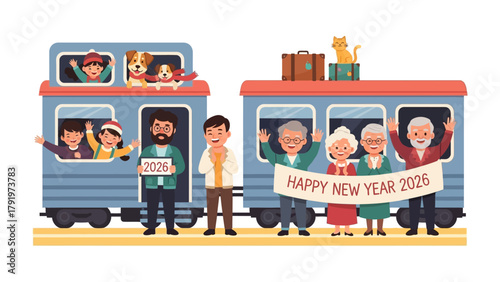 Happy New Year 2026: A vibrant illustration depicts a train journey filled with diverse passengers, including families, seniors, and even a friendly animal. As the clock strikes midnight.
