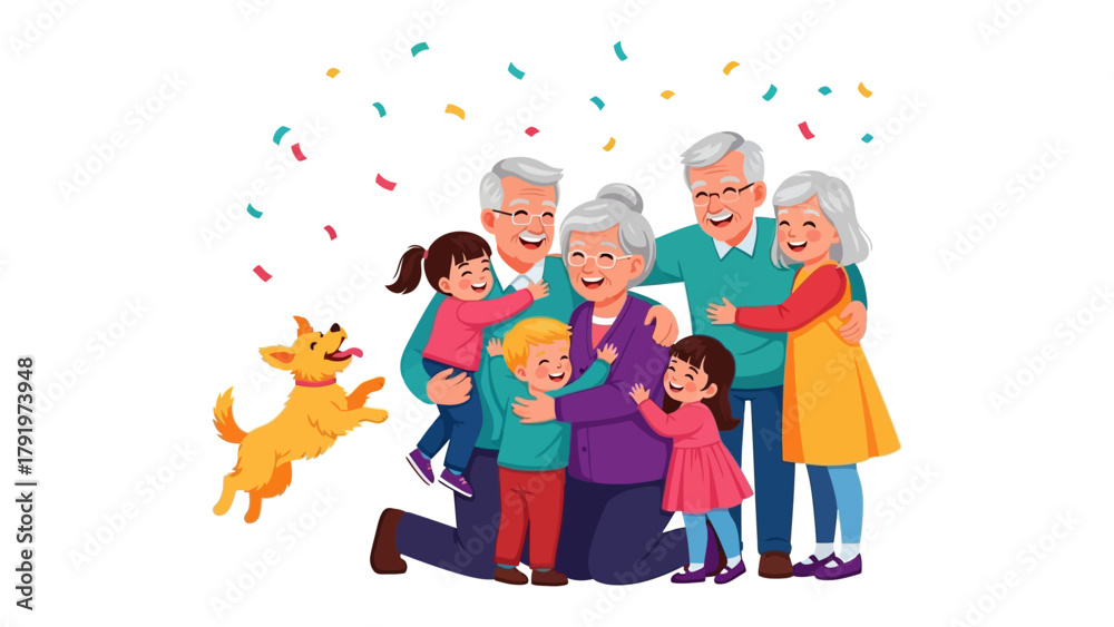 Fototapeta premium Family Gathering Celebration: A heartwarming illustration of a multigenerational family joyfully embracing, complete with grandparents, grandchildren, and a playful canine.
