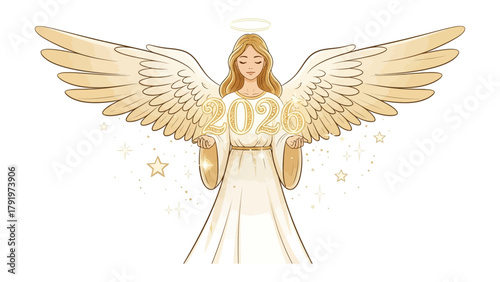 Guardian Angel Embracing the New Year: A divine angel, illuminated with golden light, extends her radiant wings as she holds aloft the symbolic numerals of a year, ushering in hope and new beginnings.