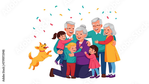 Family Gathering Celebration: A heartwarming illustration of a multigenerational family joyfully embracing, complete with grandparents, grandchildren, and a playful canine.