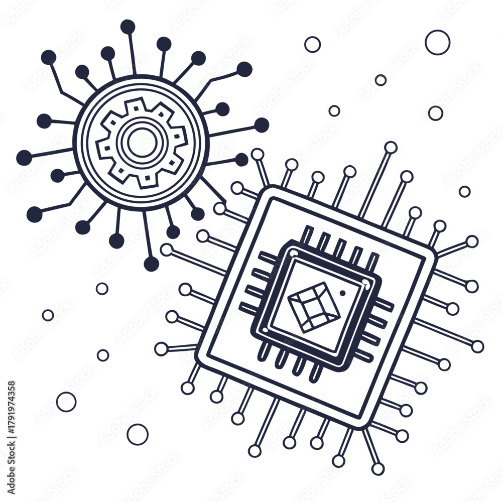 Obraz premium Illustration of a computer chip and a gear with radiating lines