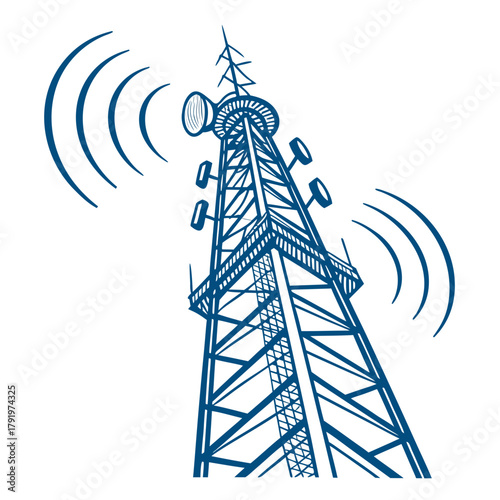 Illustration of a communication tower emitting radio waves